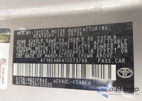 2007 Toyota Camry Ce из США, поврежденный, VIN 4T1BE46K47U573766